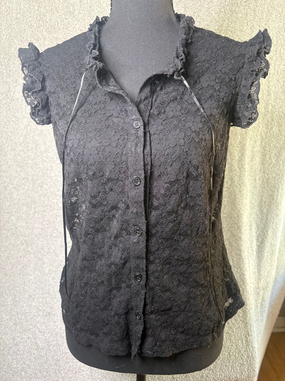 Rampage Y2K Black Sheer Floral Lace Ruffle Blouse M Whimsigoth